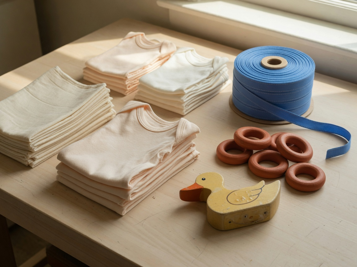 Folded cream and peach baby onesies on a light wood table with a yellow wooden duck toy, wooden rings, and a spool of blue ribbon