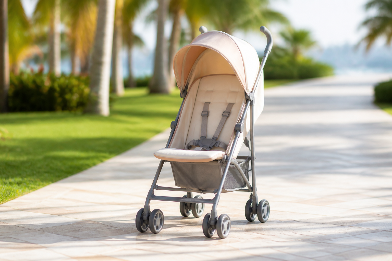 Empty compact stroller on a sunlit path