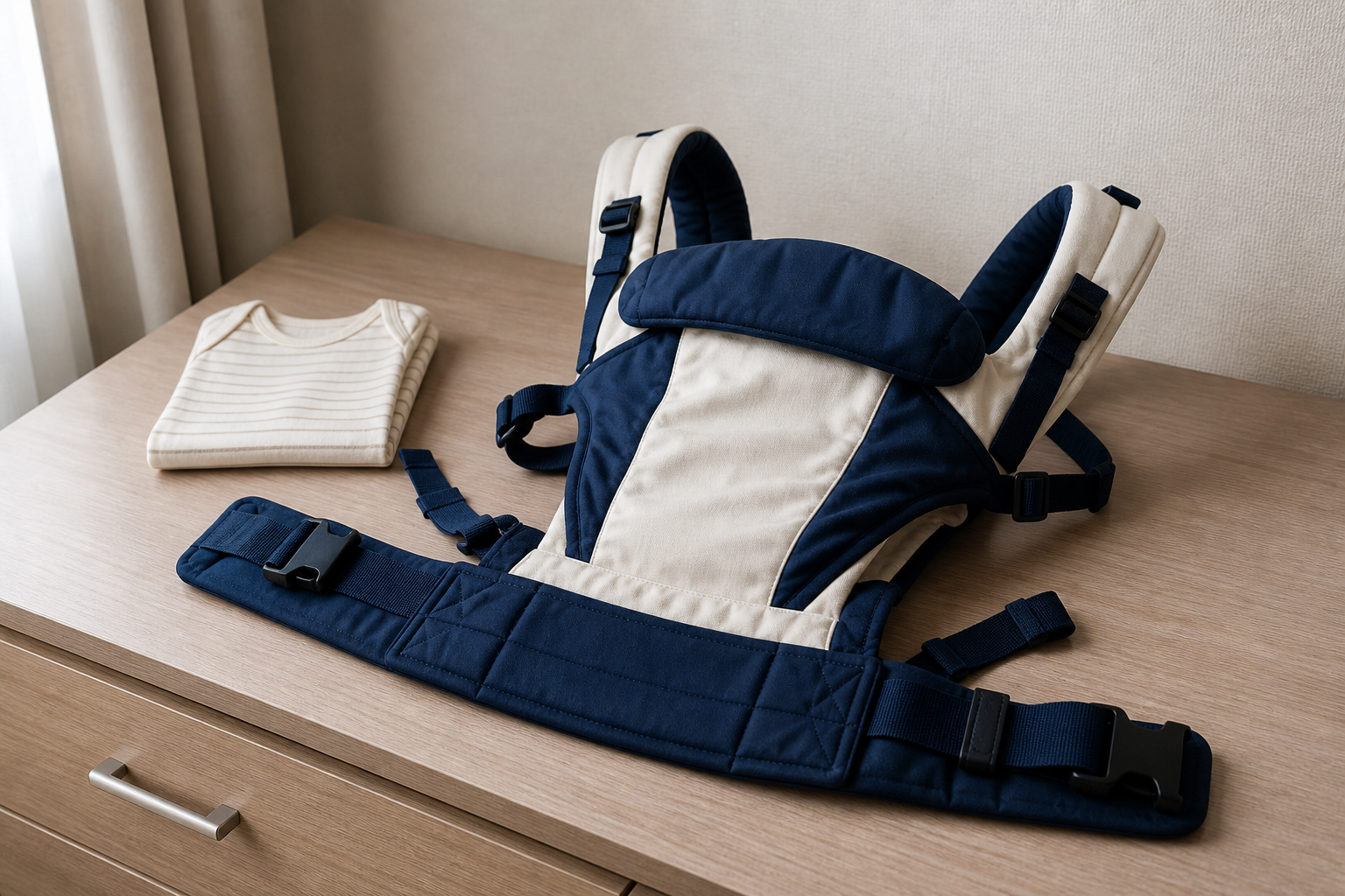 Empty soft baby carrier on a hotel dresser