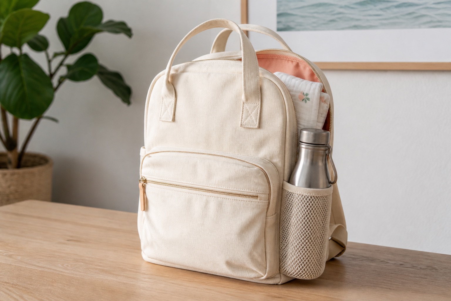 A cream canvas park bag on a wood table, muslin in the side pocket