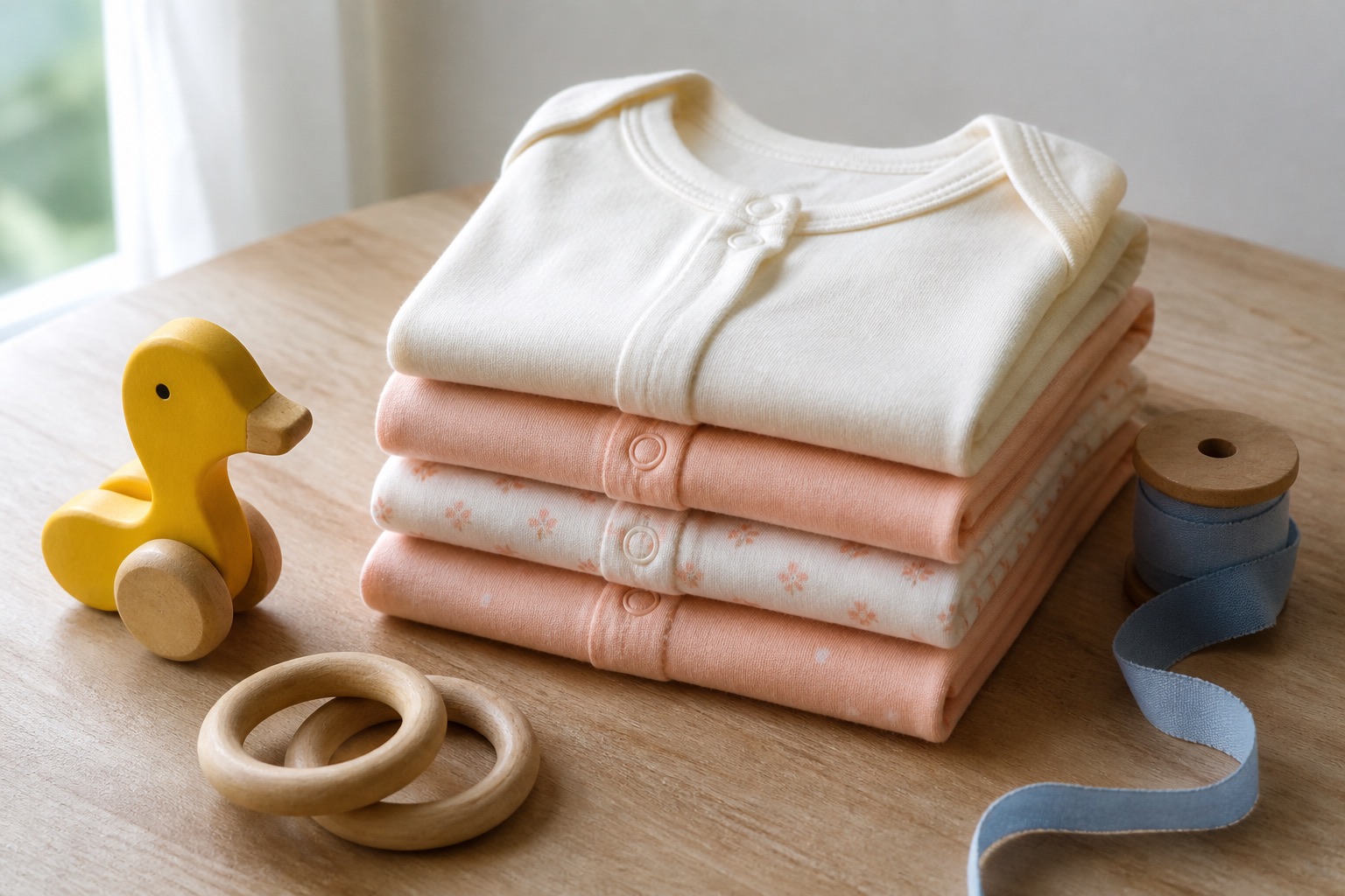 Folded baby clothes on a table
