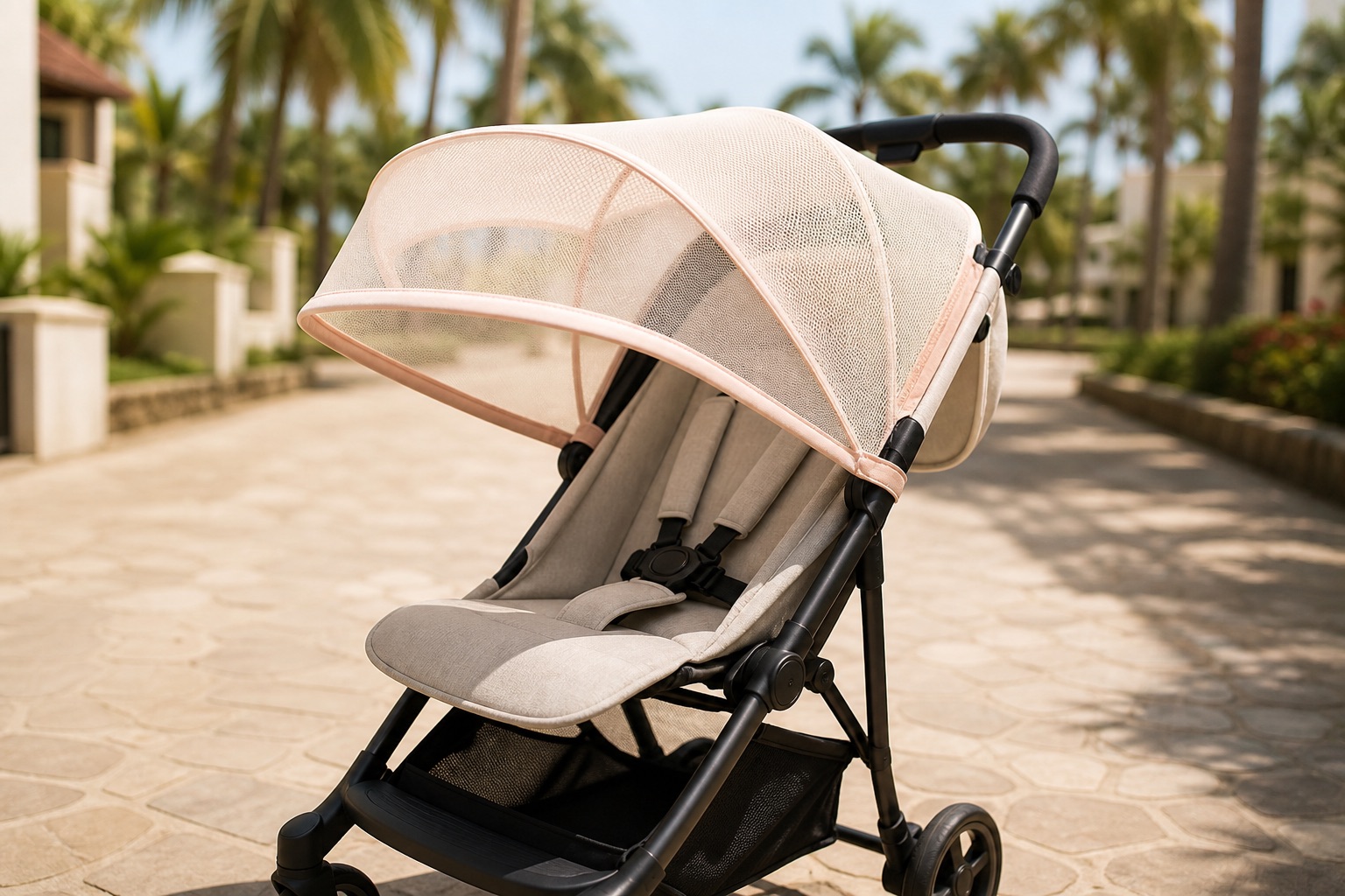 Empty stroller with a mesh sun canopy on a paved walk